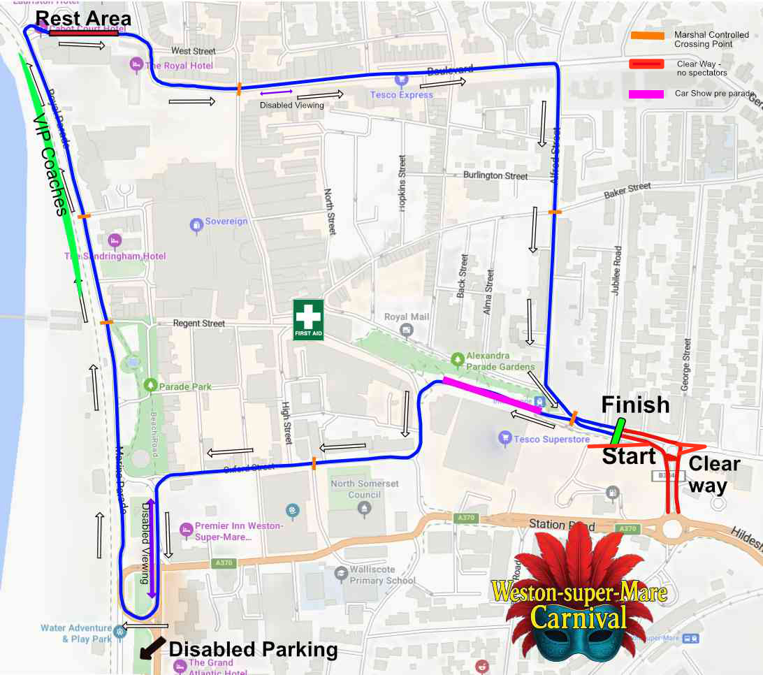 Map showing the route for the 2025 Weston-super-Mare Carnival
